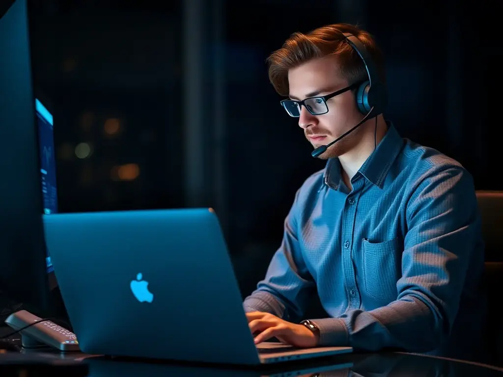 An image of a technician providing remote support to a client via a computer screen, illustrating Kanda Sys' Managed IT Support service.