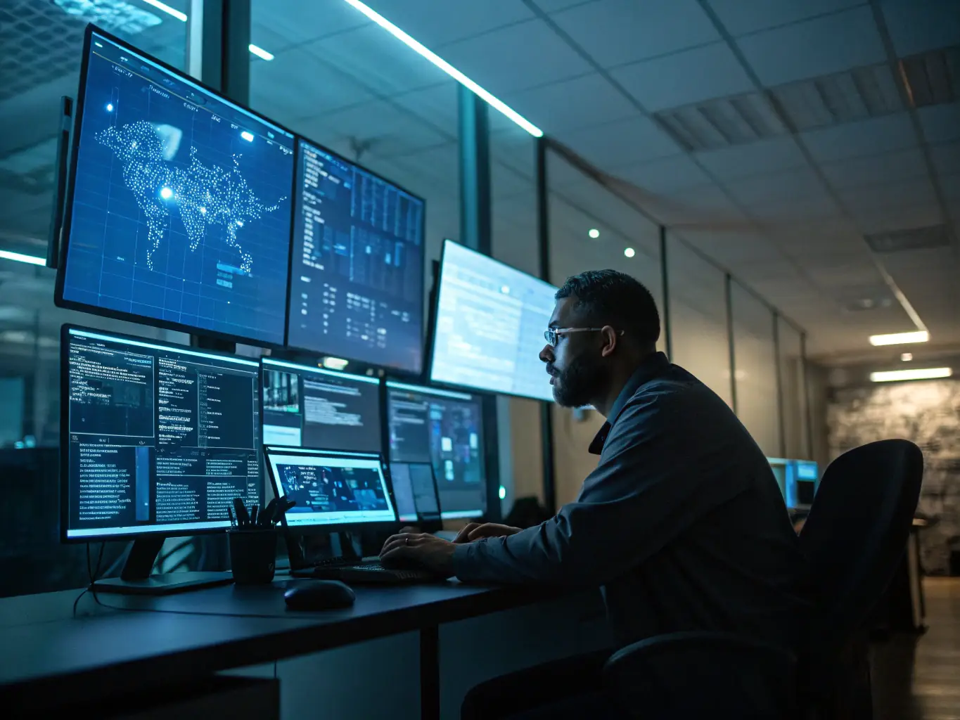 An image showing a security analyst monitoring multiple screens with cybersecurity dashboards, representing Kanda Sys' Cybersecurity Monitoring service.