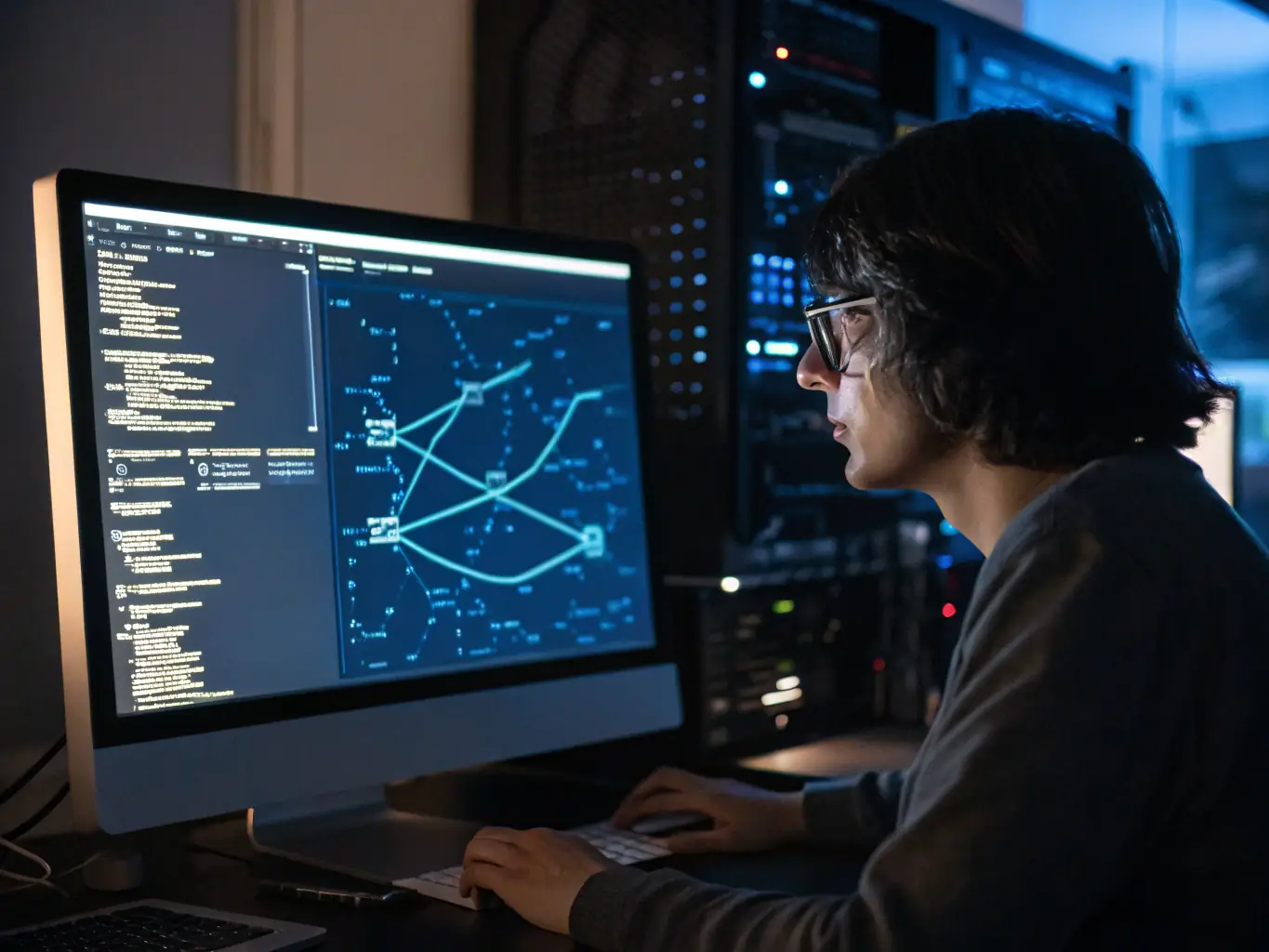 A professional IT technician is monitoring a network security dashboard, showcasing real-time threat detection and analysis for a cybersecurity monitoring service.