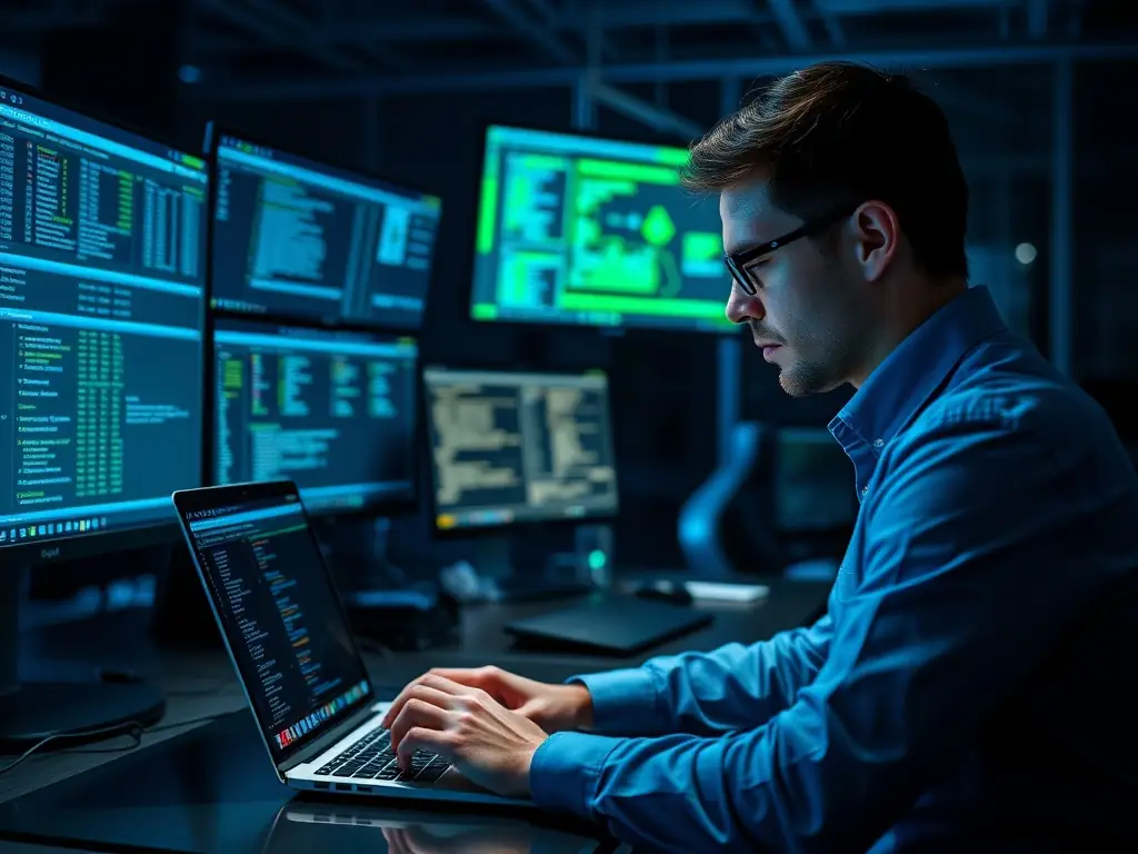 A professional IT technician is monitoring a network security dashboard, showcasing real-time threat detection and response capabilities, emphasizing Kanda Sys's proactive cybersecurity approach.